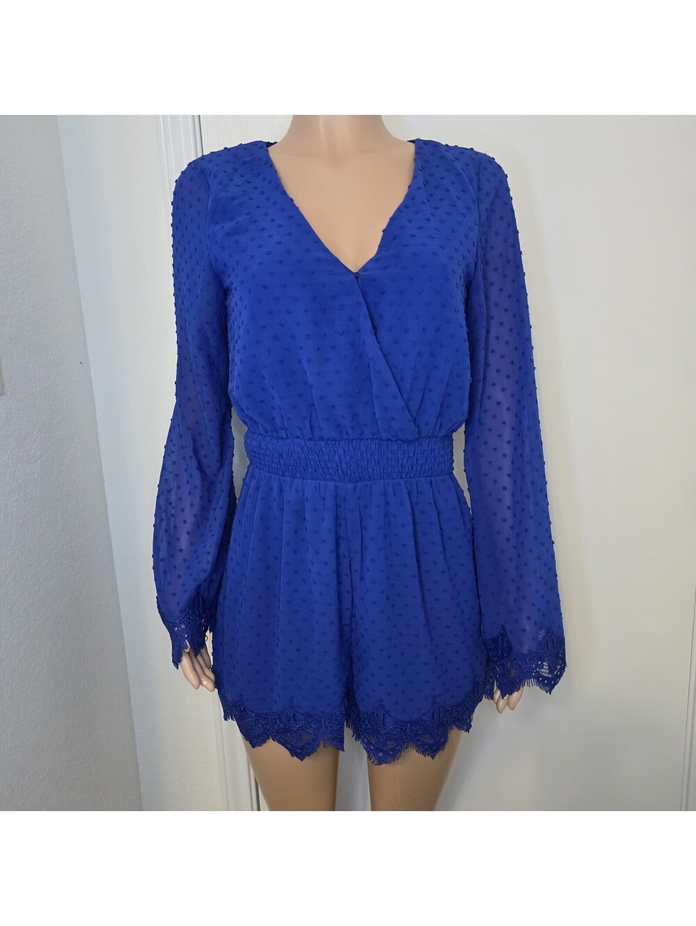 Lulus Womens S Romper Meadowlake Blue Swiss Dot Lace Bell Sleeve Festival Summer